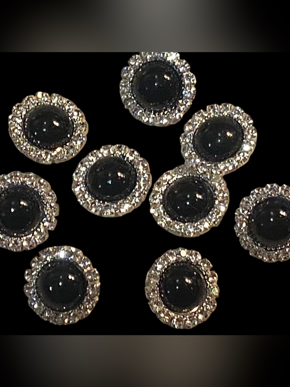 Set Of 6 Black & Crystal Clear Rhinestone W/Silver Metal 1/2
Inch Shank Buttons